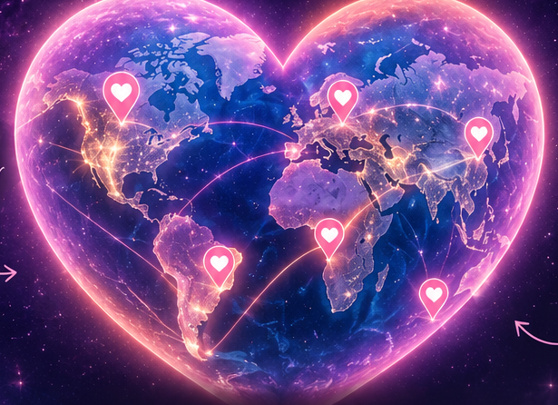 Glowing heart-shaped world map